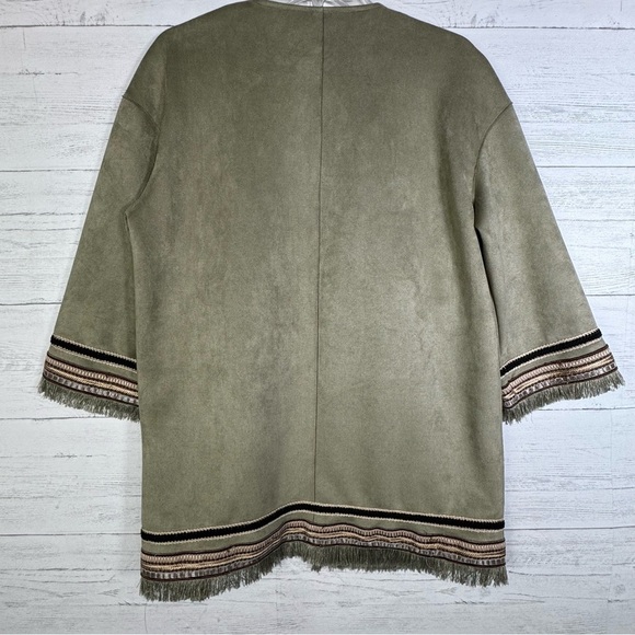 NWT ZARA Olive Green Faux Suede Long Jacket Embroidered Fringe Western Boho - Picture 6 of 6
